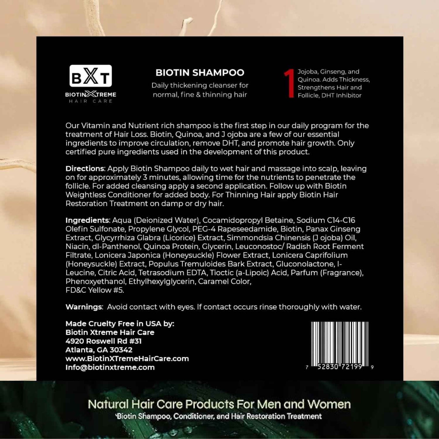 Biotin X Treme Hair Natural Shampoo for Hair Loss & Thinning Hair - Color-Safe, DHT Blocker, Sulfate-Free, Paraben-Free - For Men & Women - Promotes Hair Growth, Strengthens, and Thickens - 16 oz