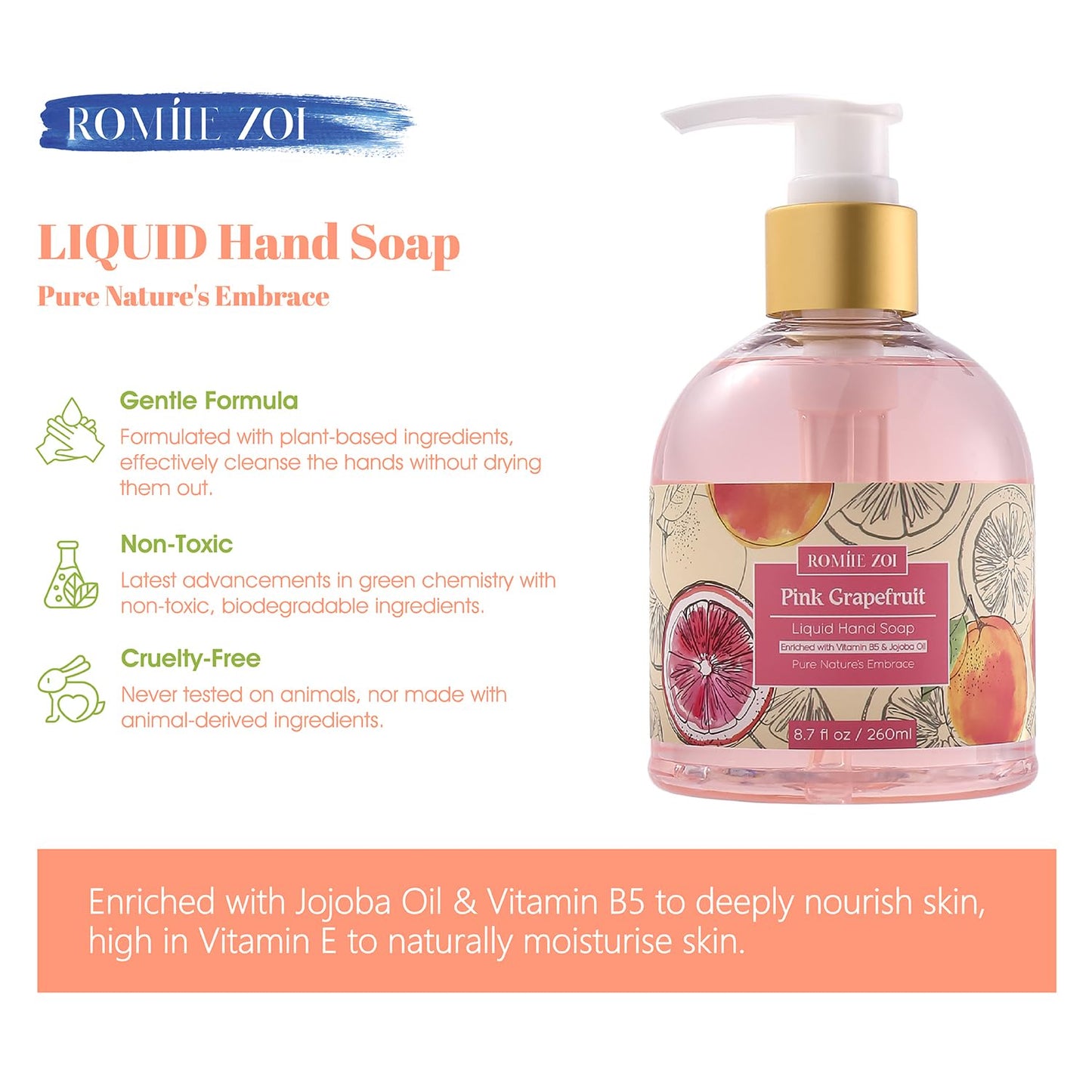 ROMIIE ZOI Liquid Hand Soap with Gift Box - Grapefruit - 260ml/ 8.7 fl.oz (Pack of 3)