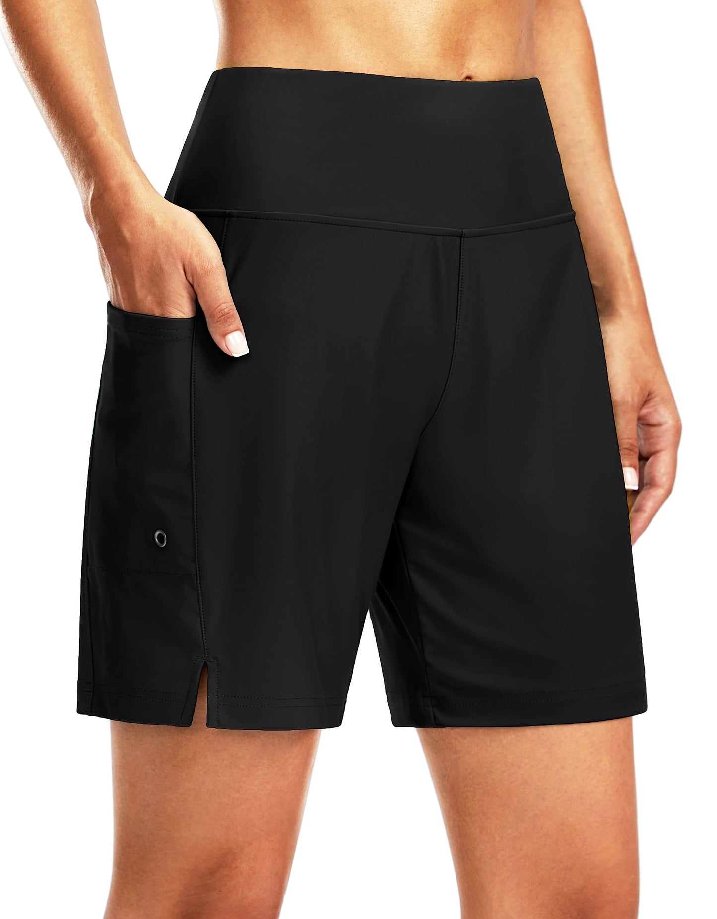 G Gradual Women's 7" Long Swim Board Shorts High Waisted Quick Dry Beach Swimming Shorts for Women with Liner Pockets(Black,S)