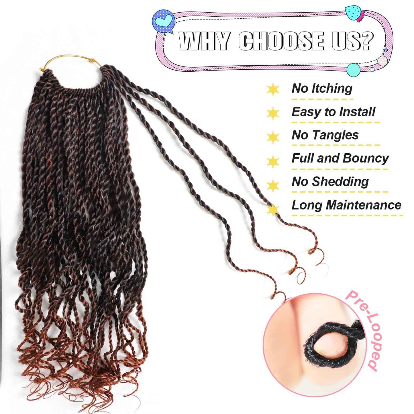 Wavy Senegalese Twist Crochet Hair Ginger 8 Inch Pre Looped Short Crochet Hair with Curly Ends 8 Packs Curly Crochet Hair for Black Women Synthetic Crochet Braids 120 Strands Kinky Twist Hair(T350)