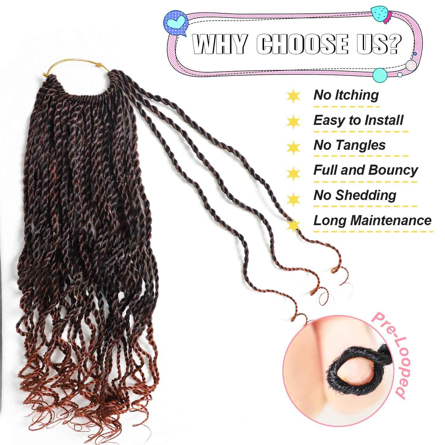 Wavy Senegalese Twist Crochet Hair Ginger 8 Inch Pre Looped Short Crochet Hair with Curly Ends 8 Packs Curly Crochet Hair for Black Women Synthetic Crochet Braids 120 Strands Kinky Twist Hair(T350)