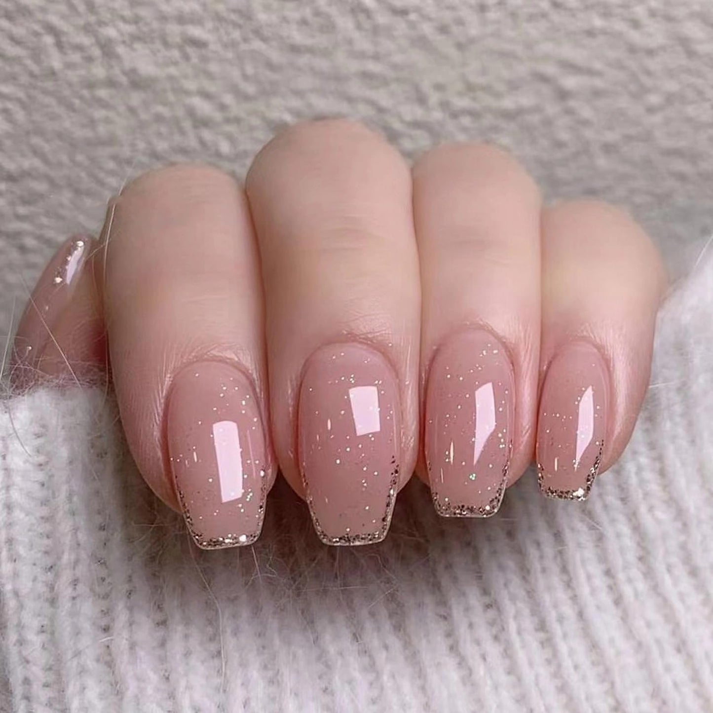 MISUD Press on Nails Medium Coffin Fake Nails Glossy Glue on Nails Nude Pink Gel Acrylic Nails Ballerina Artificial Nails Bling Glitter French Tip Stick on False Nails with Design 24 pcs