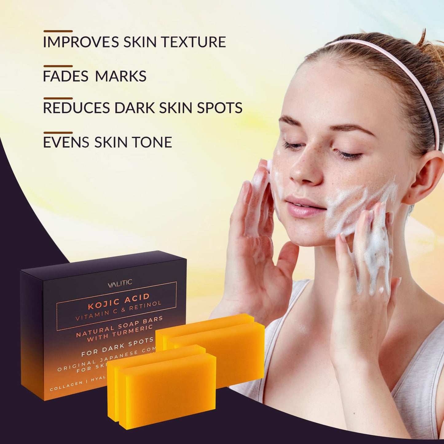 VALITIC 4 Pack Kojic Acid Vitamin C & Retinol Soap Bars for Dark Spot & A Pair of Black Exfoliating Gloves for Body Scrubs