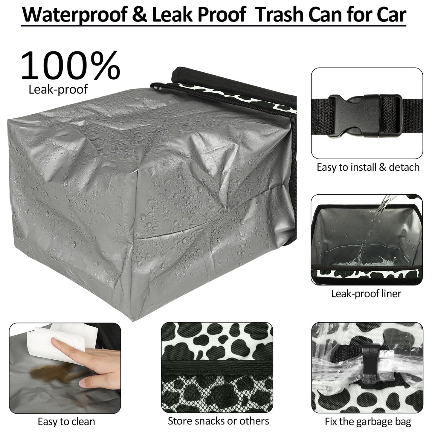 ELONGRIVER Car Trash Can Bin for Car Back Seat Leak Proof, Cute Car Trash Bag Hanging, Vehicle Trash Can for SUV Truck Van, Automotive Car Garbage Cans Front Seat Cow Print