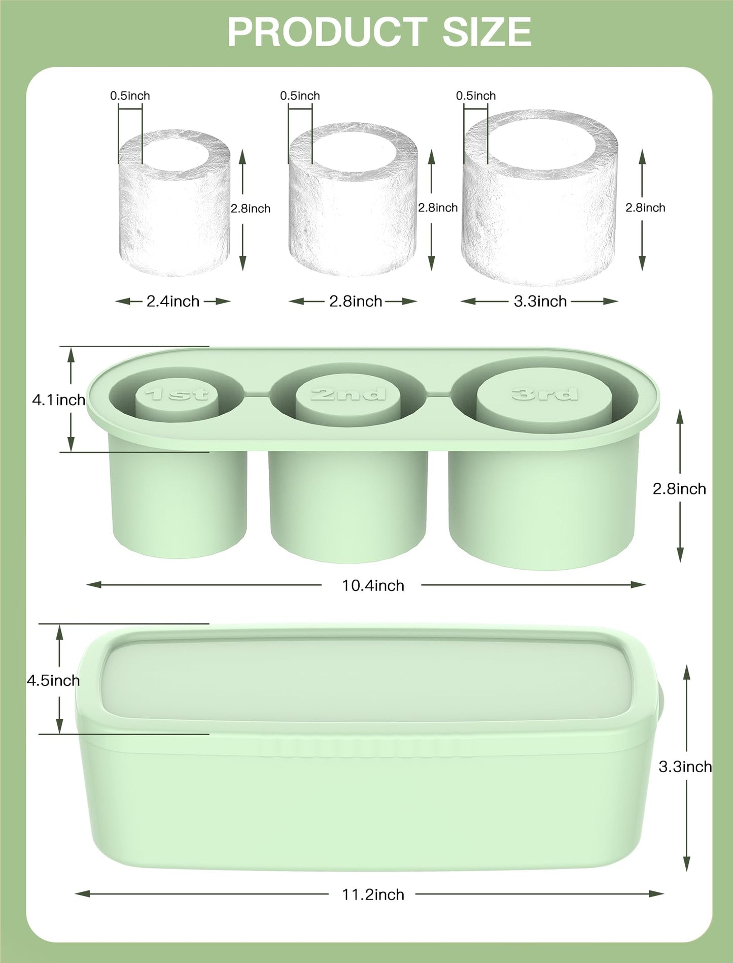 Ice Cube Tray for Tumbler Cup 30Oz-40Oz, 3 Pcs Silicone Cylinder Ice Mold with Lid and Bin for Freezer, Easy Fill and Release Ice Maker for Whiskey, Cocktail BPA-Free(Green, 40 Oz)