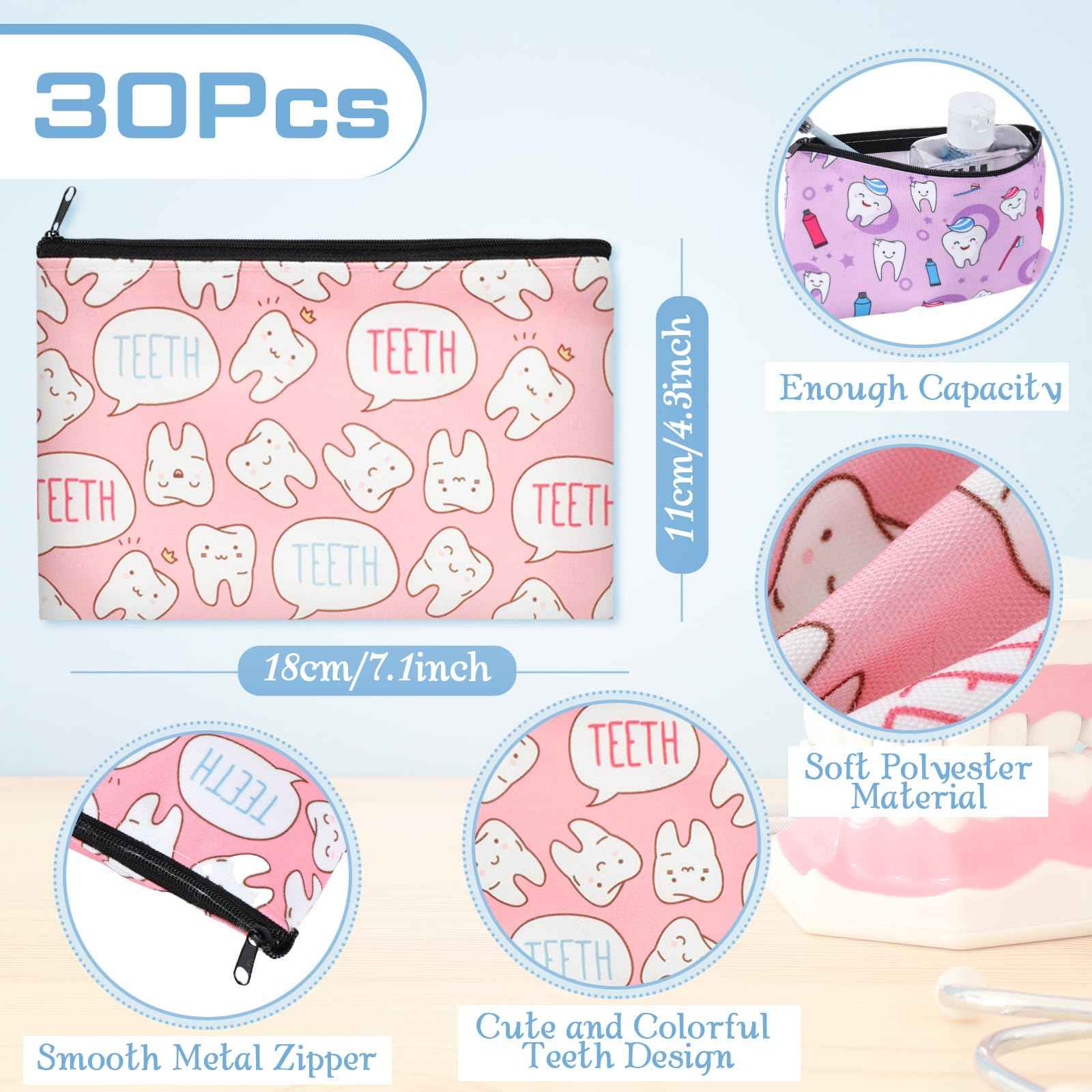 Silkfly 30 Pieces Teeth Makeup Bags Dentist Gifts Dental Hygienist for Women Nurse Cute Teeth Cosmetic Bags Dental Assistant Accessories Zipper Travel Pouch for Birthday Graduation Nurse Week Gifts