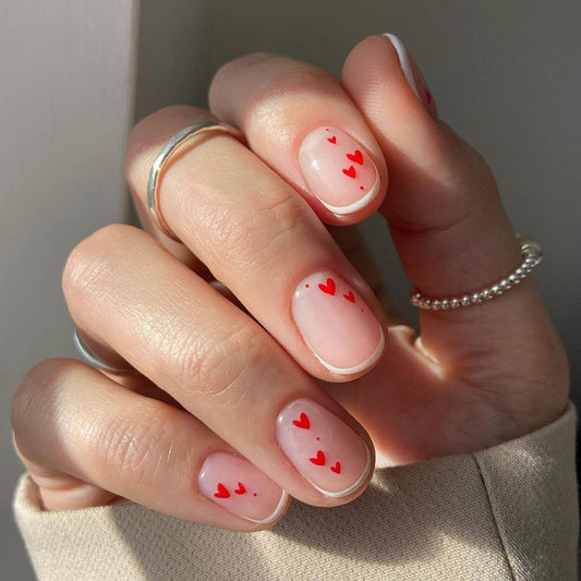 Valentine's Day Press on Nails White French Tip Fake Nails Nude False Nails with Designs Red Heart Artificial Acrylic Nails Full Cover Glossy Glue on Nails Stick on Nails for Woman Girls 24Pcs