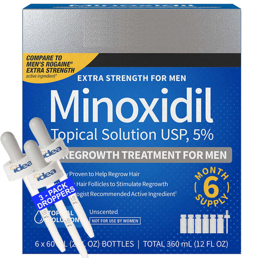 Extra Strength Minoxidil 5% Topical Solution Compatible with Kirkland (6-Month Supply) with Idea Shop USA Dropper | Growth Treatment and Hair Loss Prevention (2 Fl Oz - Pack of 6)