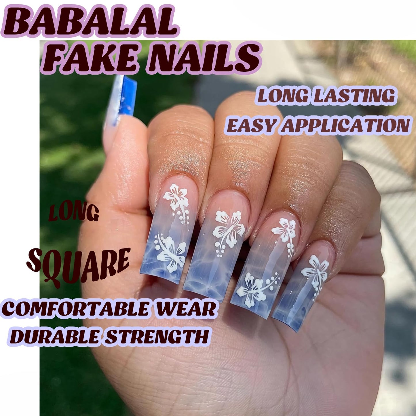 BABALAL Square Press on Nails Long Fake Nails Blue Glue on Nails White Flower Print Acrylic Nails 24Pcs Spring Summer Squoval Stick on False Nails for Women and Girls