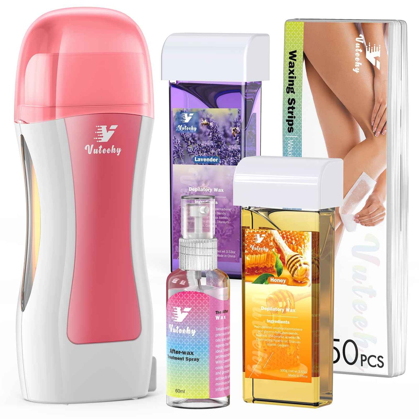 Vuteehy Roll on Wax Kit, Roll on Waxing Kit for Women, Waxing Kit at Home, Wax Roller Kit for All Skin Types Body Hair Removal, Sensitive Skin, Unisex, with 2 Soft Cartridges & 50 Pcs Strips