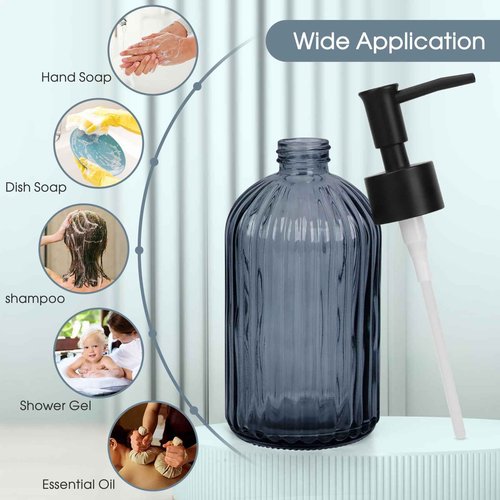 2 Pack Stripe Glass Soap Dispenser with Black Plastic Pump, 400ml Liquid Hand Soap Dispenser, Rustproof Pump for Kitchen & Bathroom, Great for Lotions, Essential Oil, Liquid Soaps- (Grayish Blue)