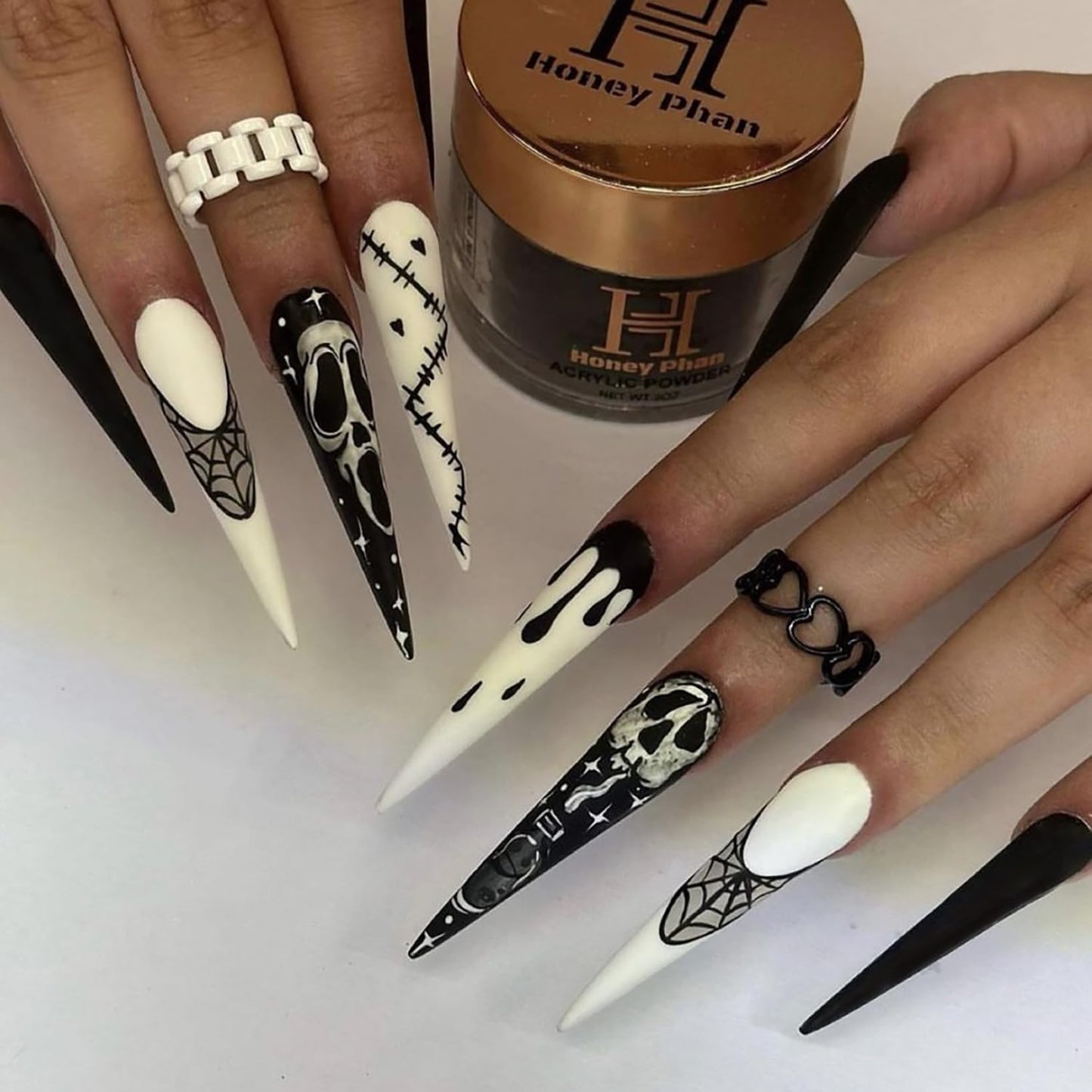 Halloween Press on Nails Extra Long Fake Nails Almond Shape Acrylic Nails RIICFDD Stiletto Nails Press ons Spider Web Glue on Nails Full Cover Black and White Stick on Nails for Women 24 Pcs