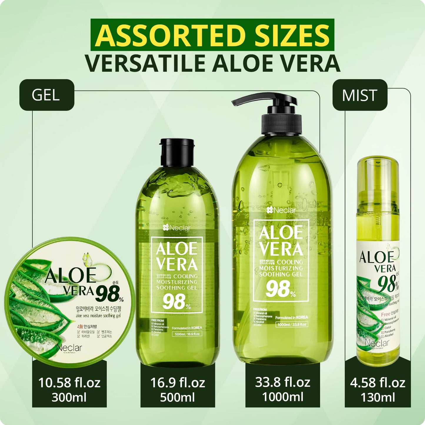 Neclar - 98% Aloe Vera Gel - Aloe Vera Soothing gel - 16.9 Fl oz - Aloe Vera Gel sunburn relief - Pure Aloe Vera Gel for face - Aloevera gel