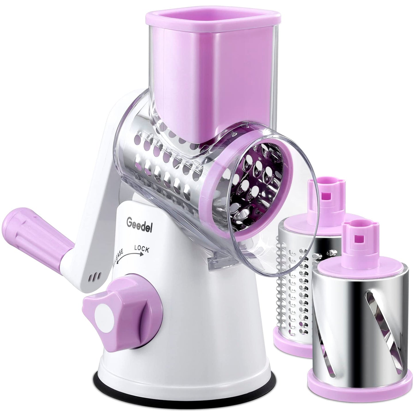 Geedel Rotary Cheese Grater, Kitchen Mandoline Vegetable Slicer with 3 Interchangeable Blades, Easy to Clean Rotary Grater Slicer for Fruit, Vegetables, Nuts