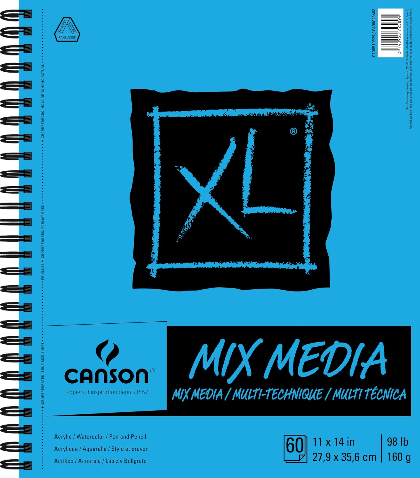 Canson XL Series Mixed Media Pad, Side Wire, 11x14 inches, 60 Sheets – Heavyweight Art Paper for Watercolor, Gouache, Marker, Painting, Drawing, Sketching