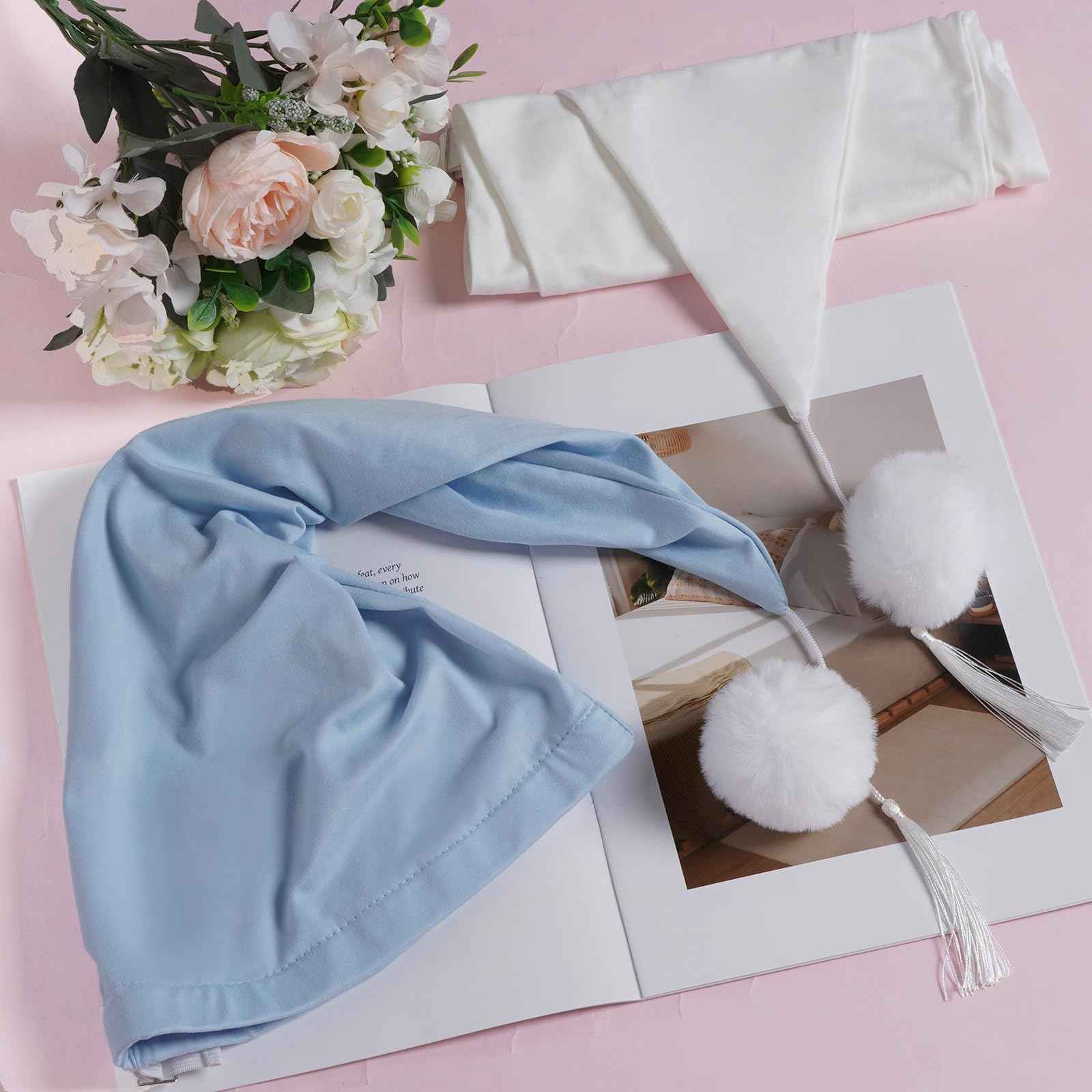 cnomg 2pcs Men's Night Sleeping Cap Adjustable Pajama Cap with Pom Ball and Tassel Women Daily Use (US, Alpha, Medium, White, lighht Blue)