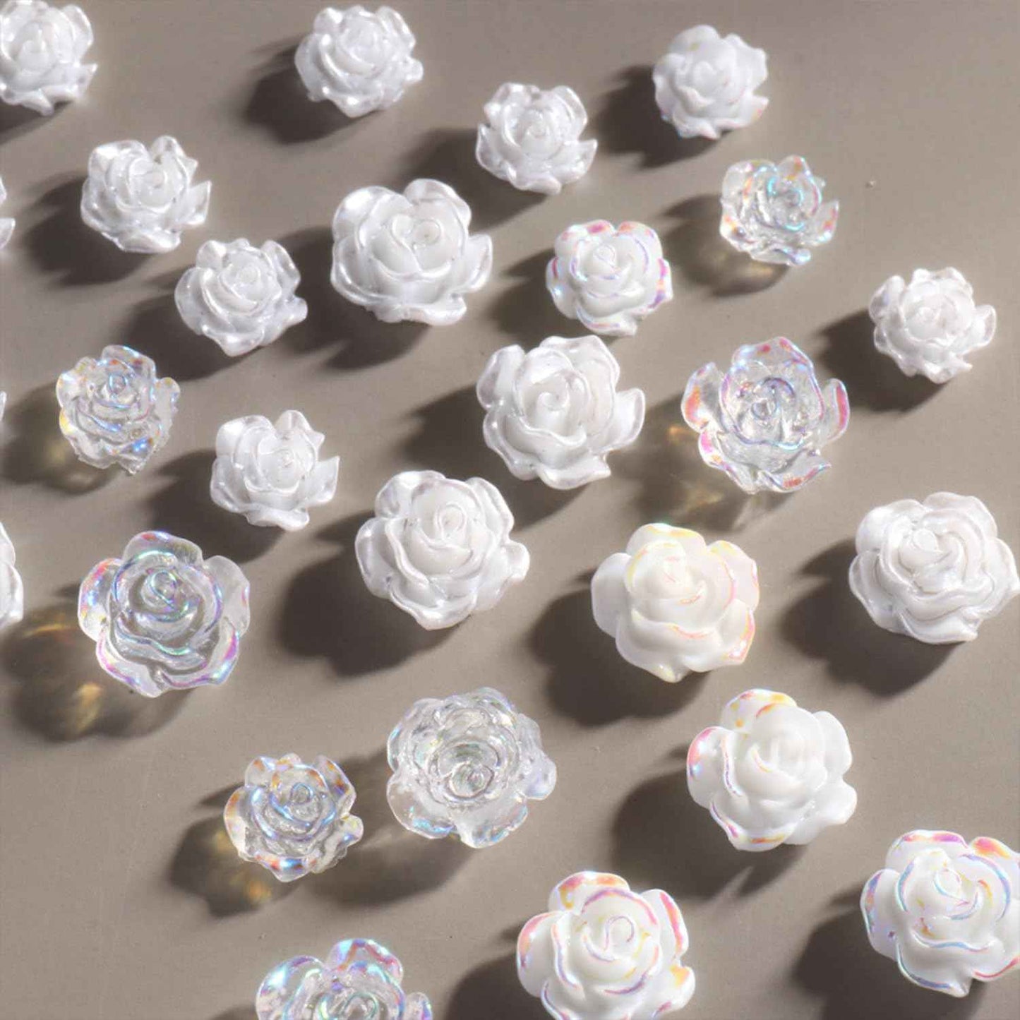 Tyuimhx Flowers Nail Charms 3D Resin White & Aurora Clear Rose Designs Nail Art Charms for Acrylic Nails Flatback Floral Nail Supplies for Women DIY Manicure Decorations Crafts (6 Grids)