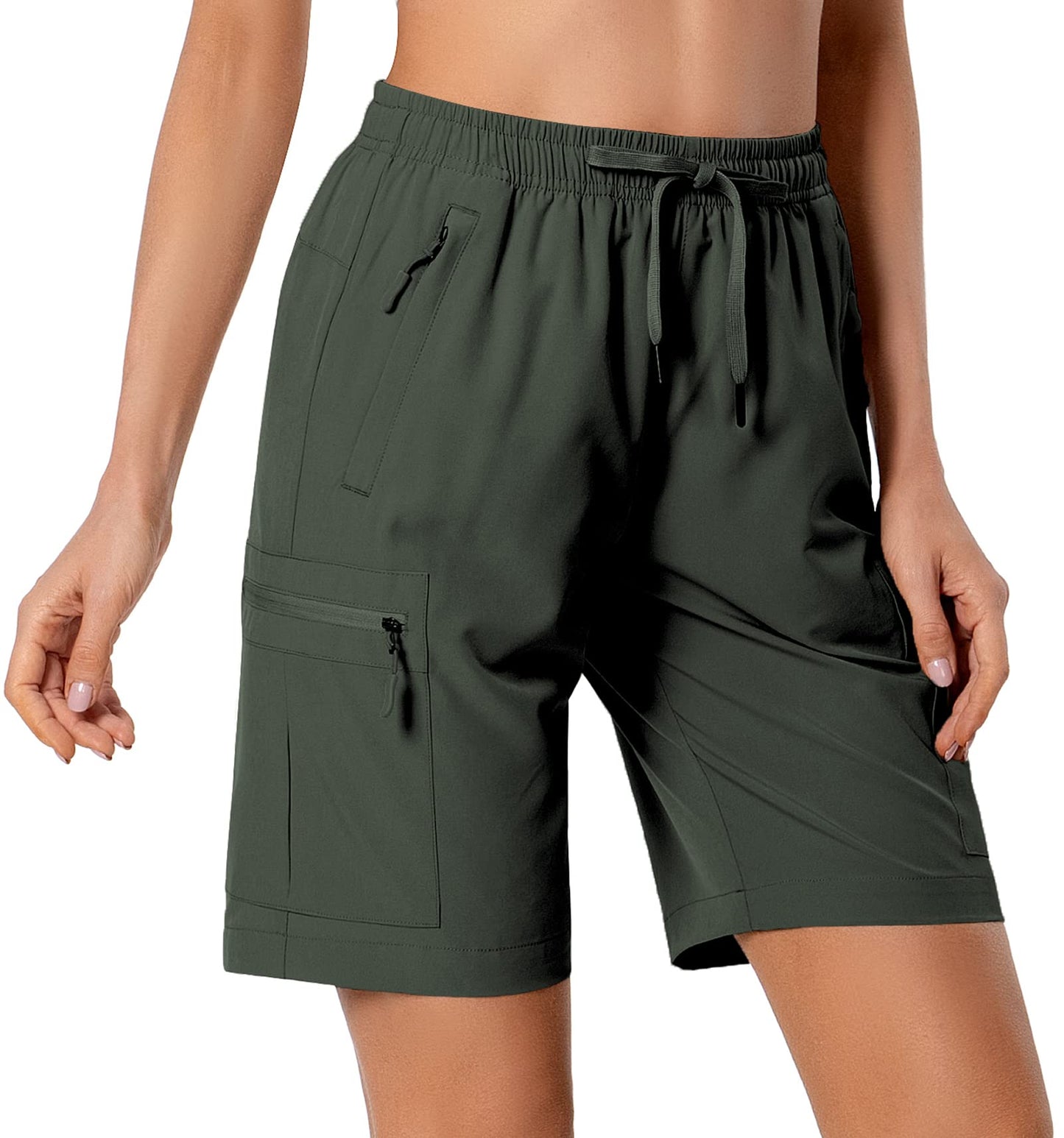 Women's Lightweight Hiking Cargo Shorts Quick Dry Athletic Shorts for Camping Travel Golf with Zipper Pockets Water Resistant Army Green