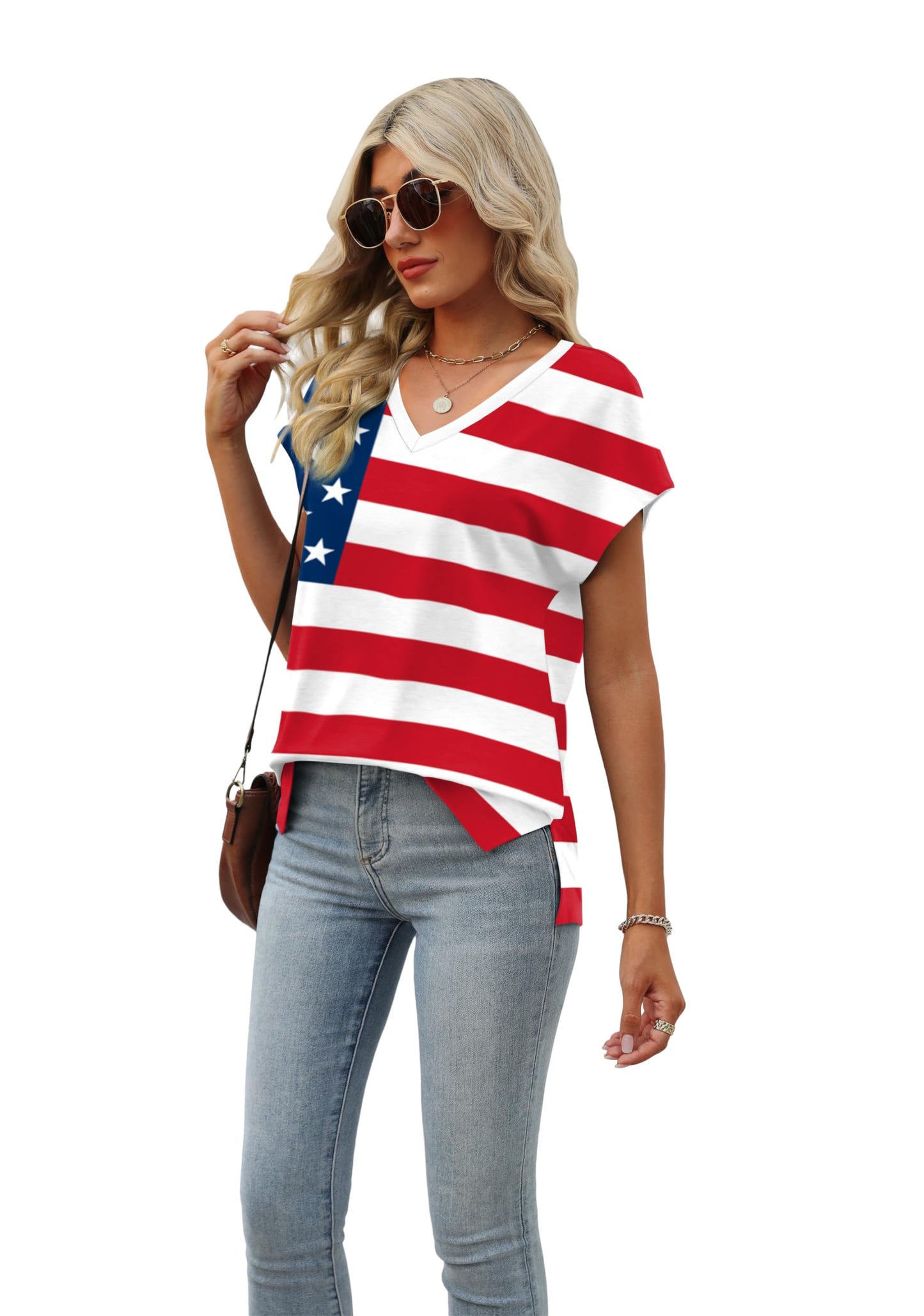 Stars and Stripes Shirts for Women Cap Sleeve Summer Tops Trendy Tank Tops V Neck Loose Fit Shirts S