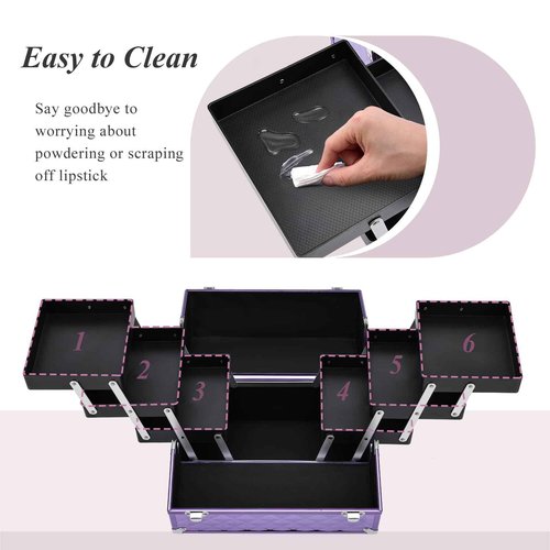 Frenessa Makeup Train Case 12 Inch Portable Cosmetic Case - 6 Tier Professional Makeup Storage Box Organiser Box Make Up Carrier with Lockable Keys Travel Case for Women and Girls - Purple