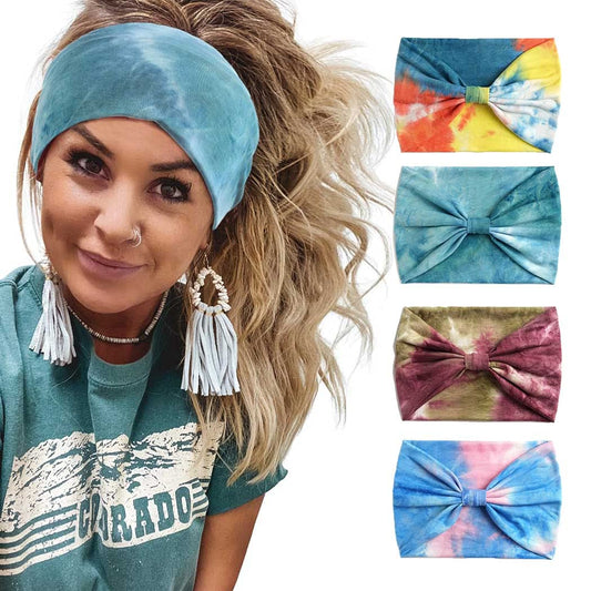 Gangel Tie Dye Headbands Wide Turban Knotted Head Wraps Boho Hair Scarf Yoga Hair Accessories for Women (Pack of 4) (Type D)