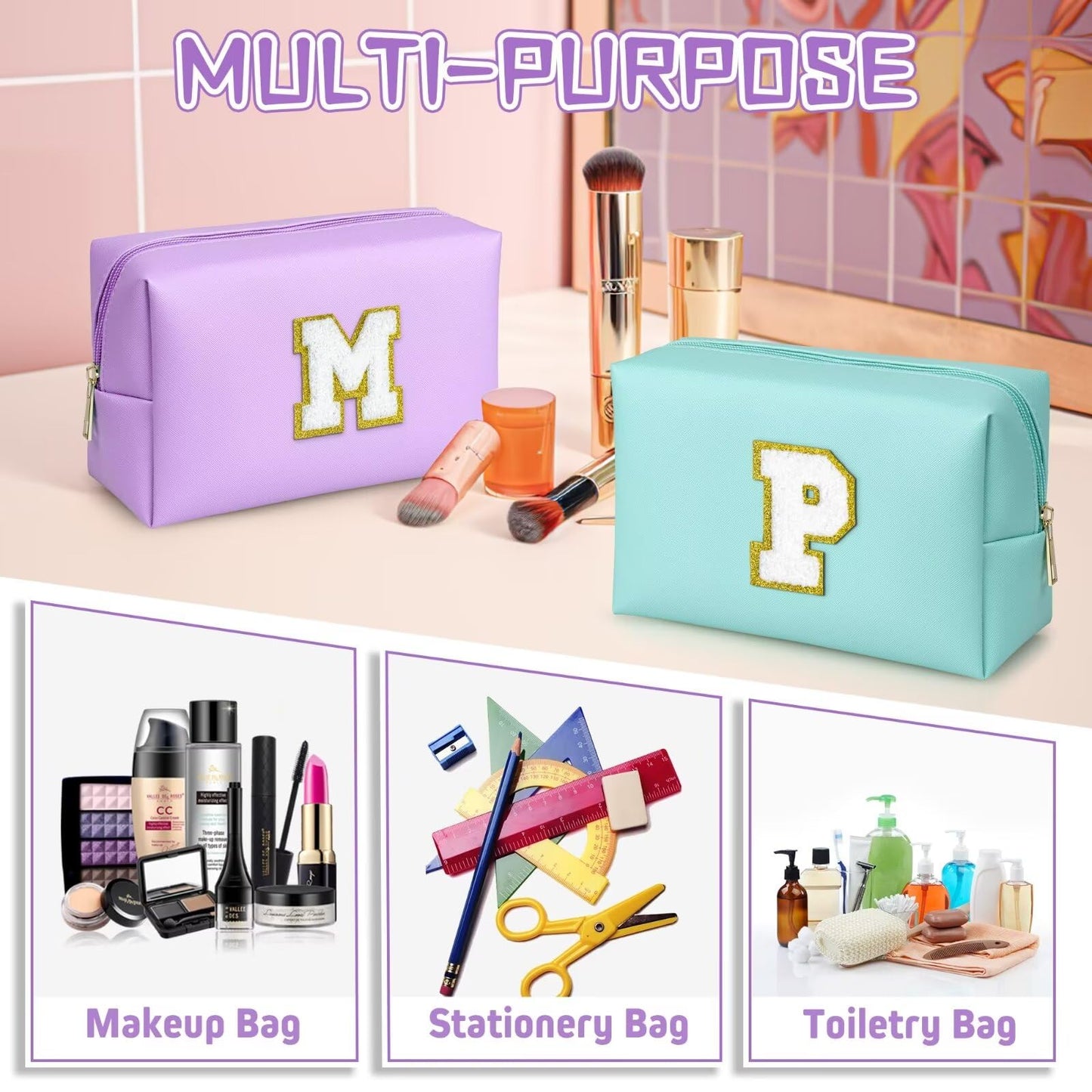 TOPEAST Preppy Makeup Bag, Personalized Initial Bags with Zipper, Cute Makeup Pouch, PU Leather Waterproof Cosmetic Bag, Birthday Gift For Daughter, Preppy Things For Teen Girls (Purple A)