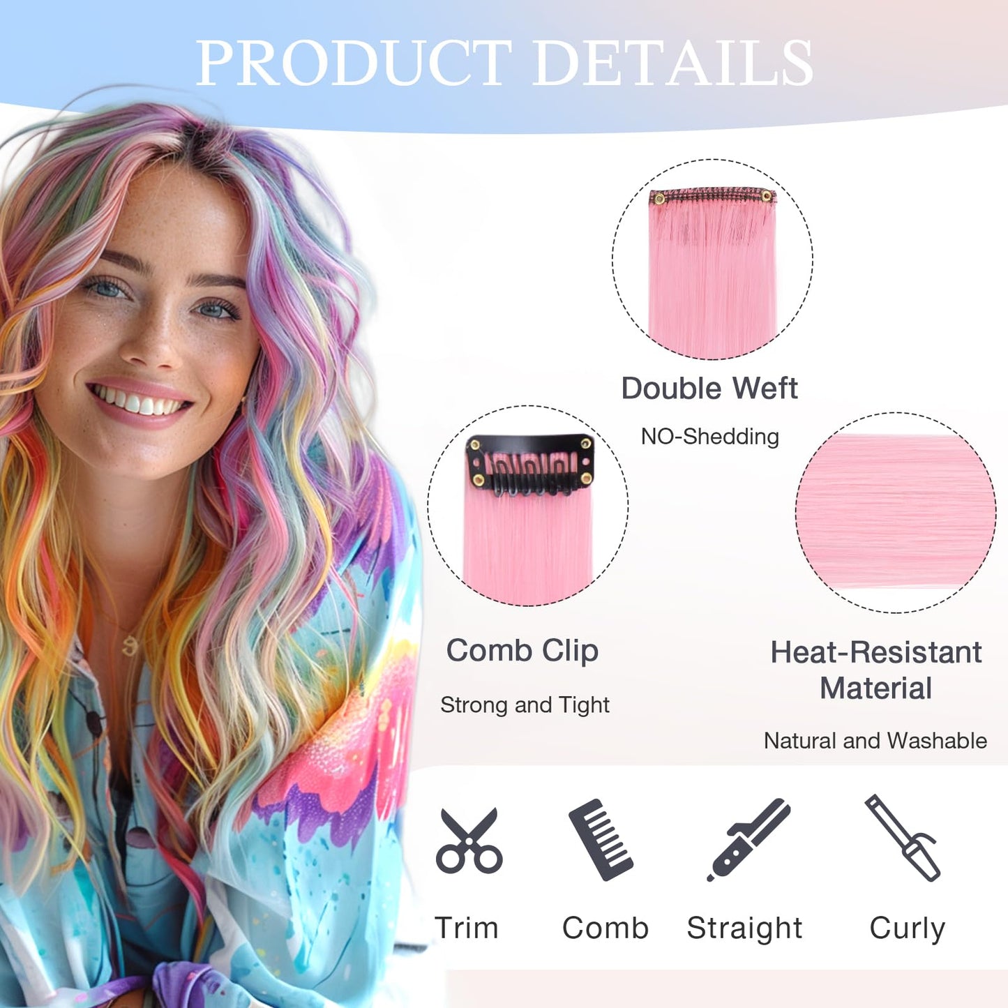 DOORES 22 Inch Hair Extensions Clip ins, 12 Pcs Pink Hair Extensions Colored Hair Extensions for Kids Synthetic Hair Party Highlights Long Straight Hair Clip Extensions for Women Birthday Gifts (Pink)