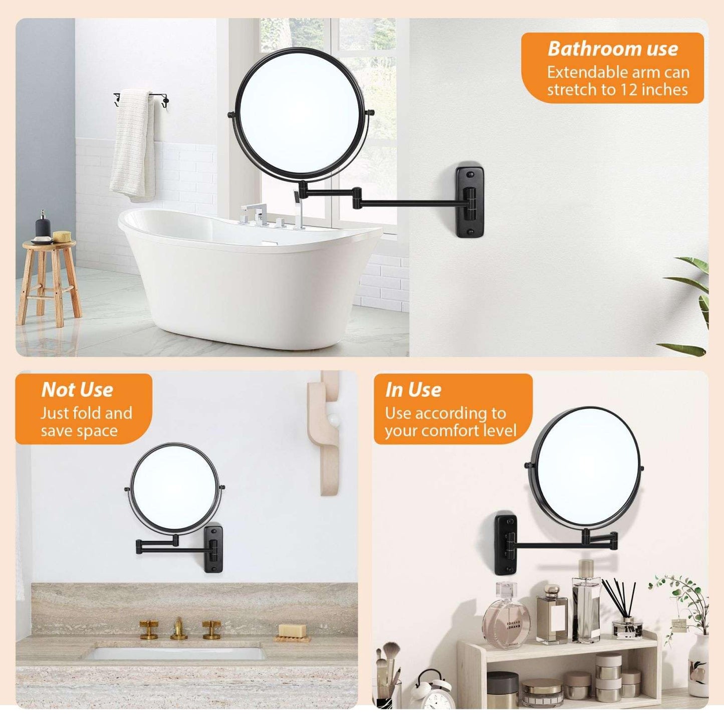 Large Size 9-in Wall Mounted Magnifying Makeup Mirror 1X/10X Magnification,Extendable Bathroom Mirrors Wall Mount Vanity Mirror for Shaving,12-in Folding Arm,Flexible Adjustable,Space-Saving,No Light