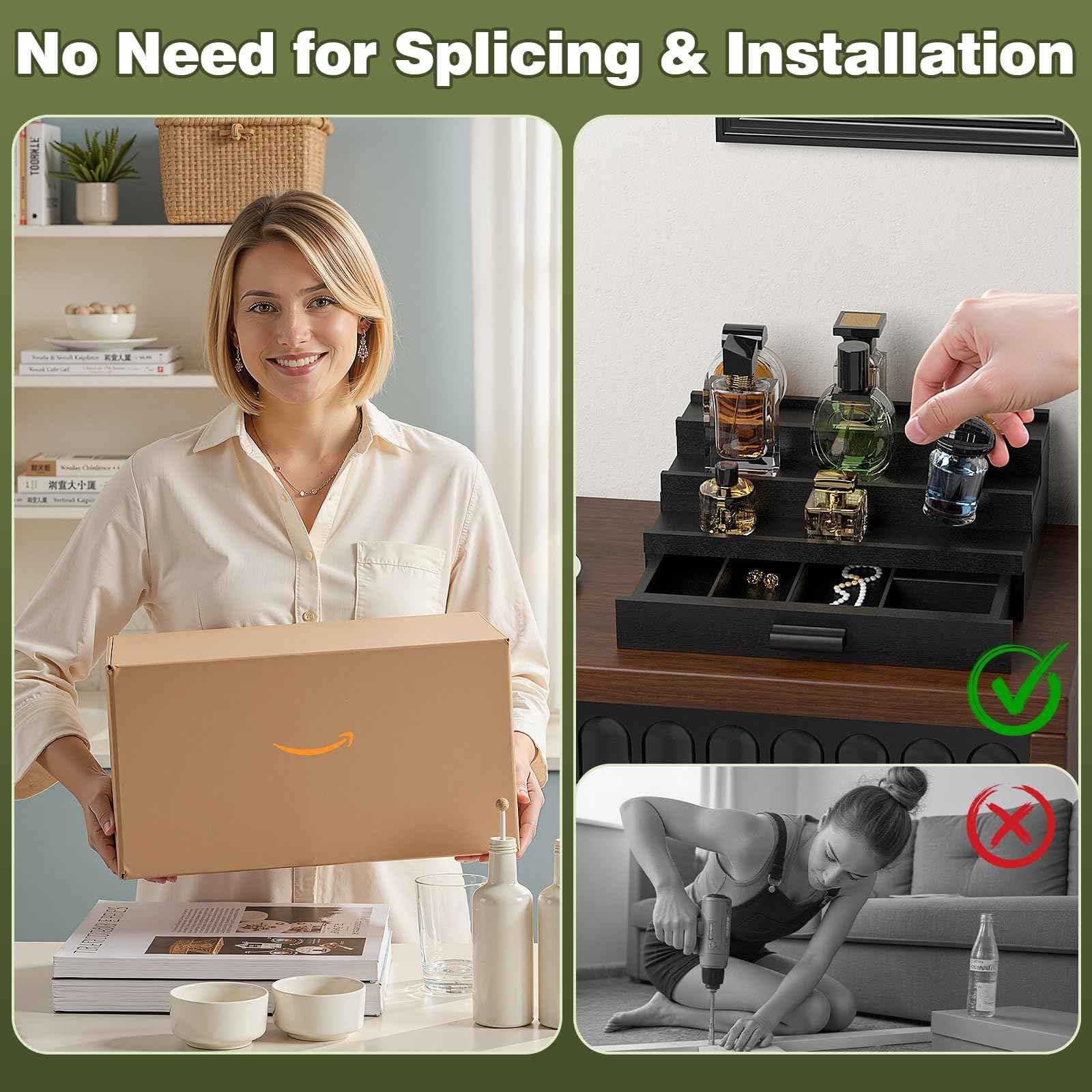 TIRYIUOU Perfume Cologne Organizer for Men: 3 Tier Wooden Perfumes Stand, Desktop Parfum Holder Wood Display Shelf with Cabinet, Bedroom Dresser Makeup Lotion Jewelry Storage Rack with Drawer