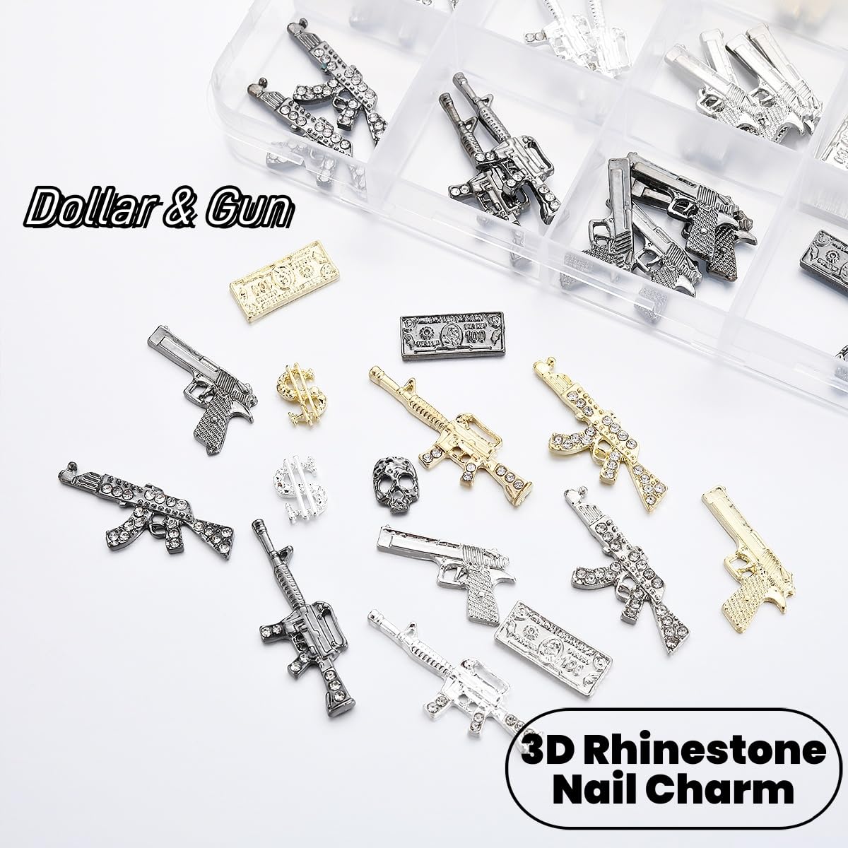 ZUMILLMN 63PCS 3D Gun&Dollar Nail Charms for Alloy Nails,Gold Silver Black Alloy Nail Art Decoration, Nail Stones Nail Jewels Accessories for Nail Art Supplies Manicure Craft DIY