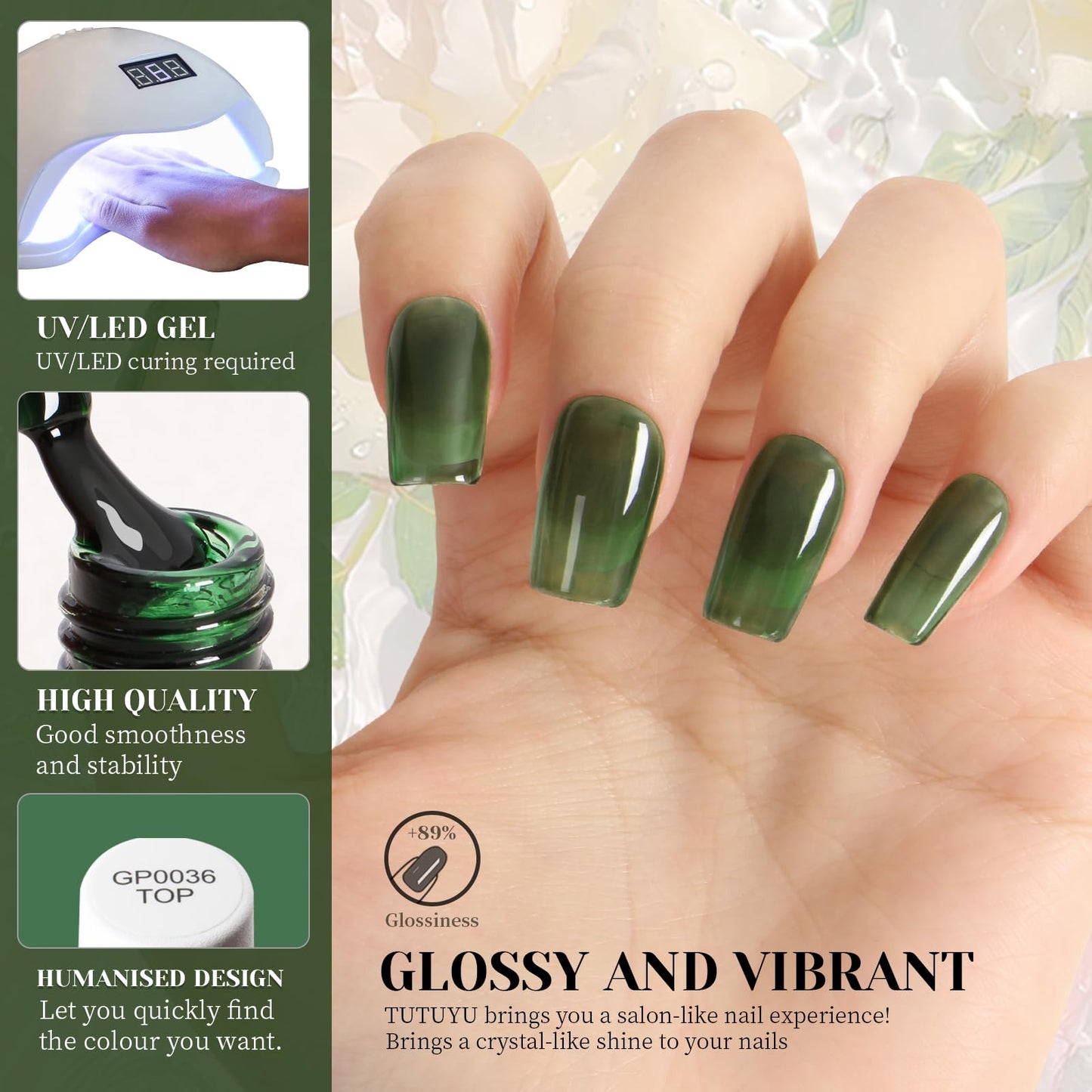 TUTUYU Jelly Emerald Green Gel Nail Polish,Sheer Dark Green Gel Polish for Manicure Salon or DIY Nail Art at Home,0.5 Fl Oz - GP0072