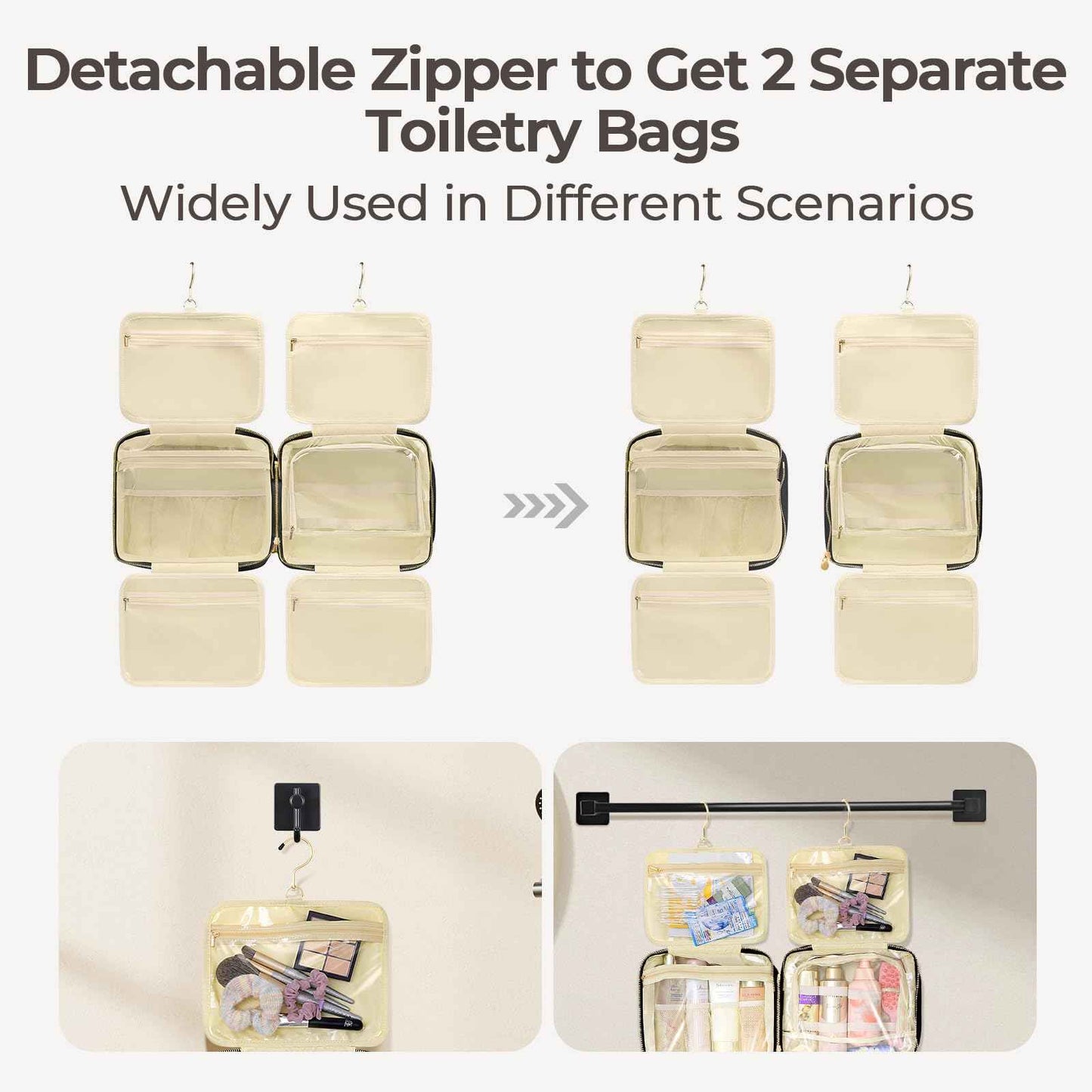 JIECH Hanging Travel Toiletry Bag for Women Detachable Toiletry Bag with 6 Compartments Large Makeup Bag Cosmetic Organizer for Bathroom Shower Business Trips Camping，Black