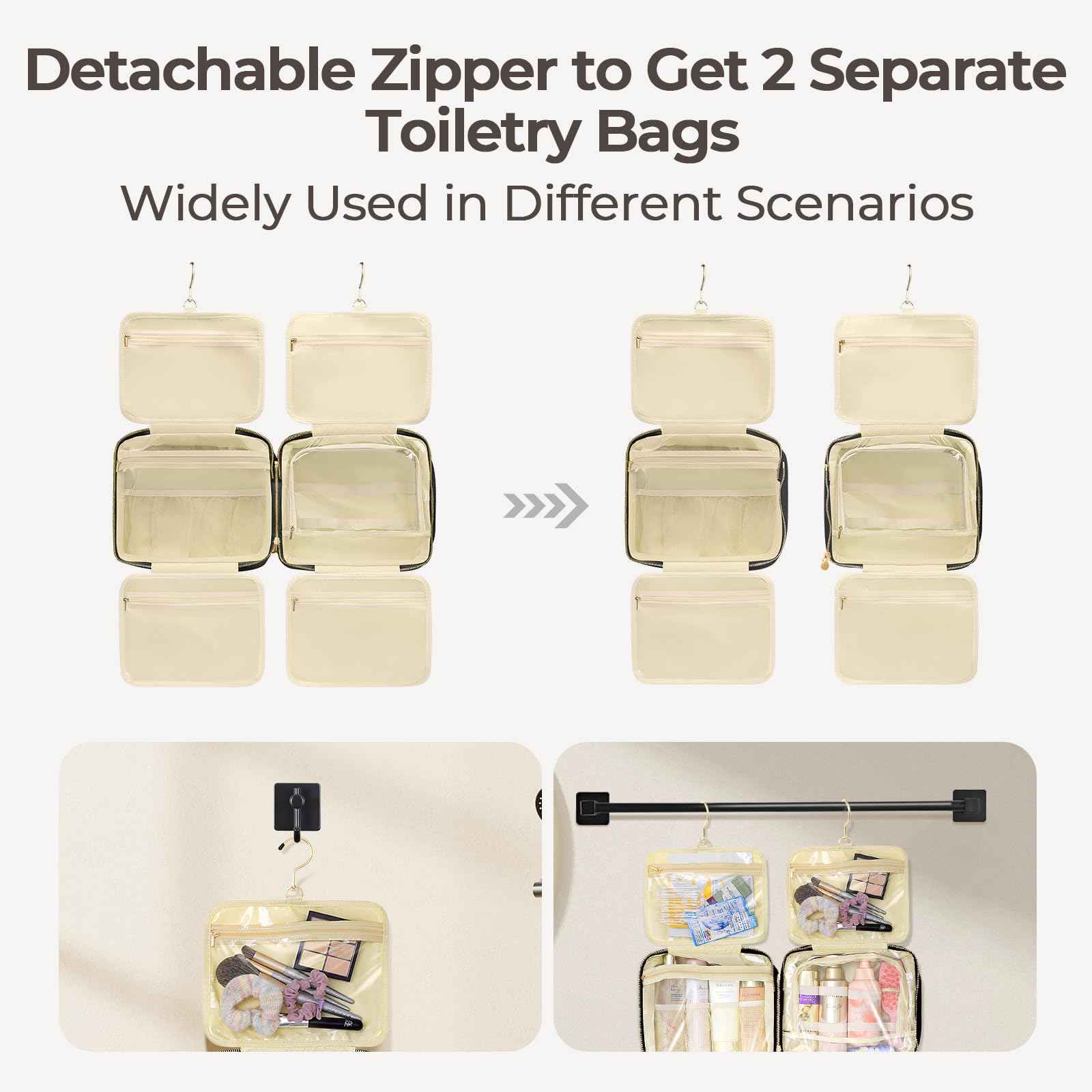 JIECH Hanging Travel Toiletry Bag for Women Detachable Toiletry Bag with 6 Compartments Large Makeup Bag Cosmetic Organizer for Bathroom Shower Business Trips Camping，Black