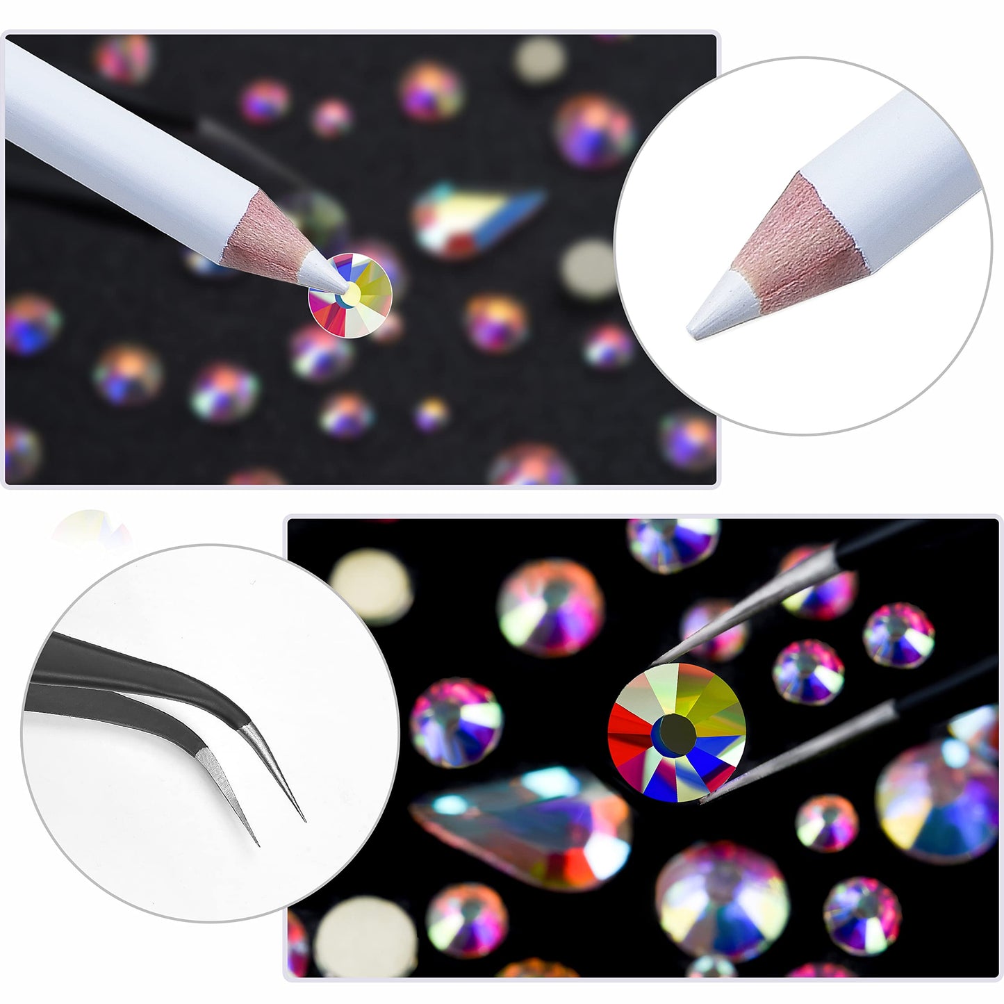 HUETFAT 2400 Pieces Flat Back Gems Round Crystal AB Rhinestones 6 Sizes (1.9-4.5 mm) with Storage Organizer Box Wax Pencil Tweezers for Nail Art Clothes Shoes Bags Crafts DIY （Crystal AB）