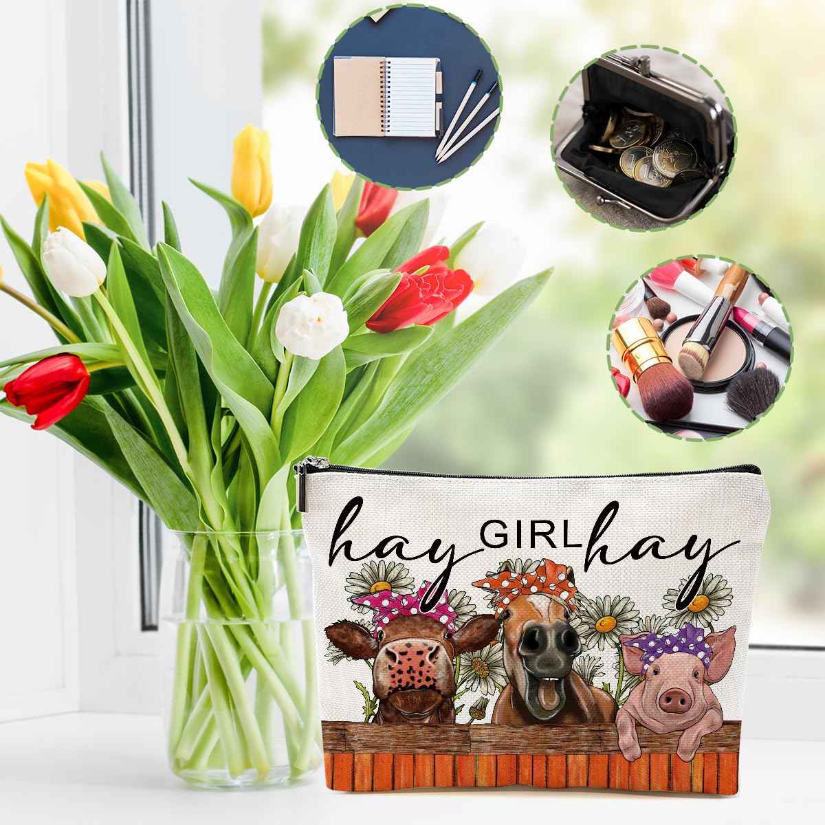 DHKG 2pcs Funny Farm Animals Cow Stuff Western Makeup Bag, Farm Animals Cosmetic Bag Cow Gifts for Women Female Girls Sister BFF, Christmas Birthday Gift, Western Stuff Travel Toiletry Bags