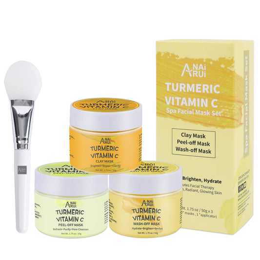 ANAI RUI Turmeric Vitamin C Facial Mask 3-in-1 Travel Mini Kit - Clay Mask, Peel Off Mask, Wash-Off Cream Mask, for Acne & Dark Spots, Oily Skin, Facial Spa Treatment 1.75 oz × 3 ea