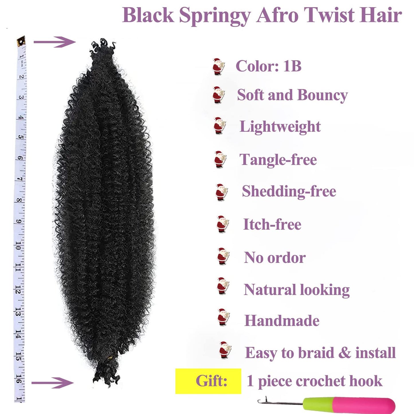 Viovian 8 Packs Springy Afro Twist Hair 16 inch Afro Spring Twist Hair Synthetic Kinky Marley Twist Braiding Hair Natural Black Wrapping Hair for Soft Locs (1b#)