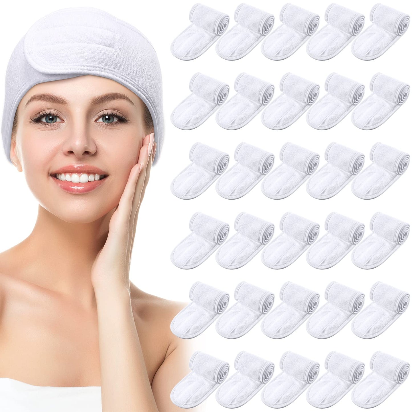 Hoteam 30 Pack Spa Headband Facial Esthetician Hair Wrap for Women Adjustable Makeup Sports Shower Stretch Towel with Tape(White)