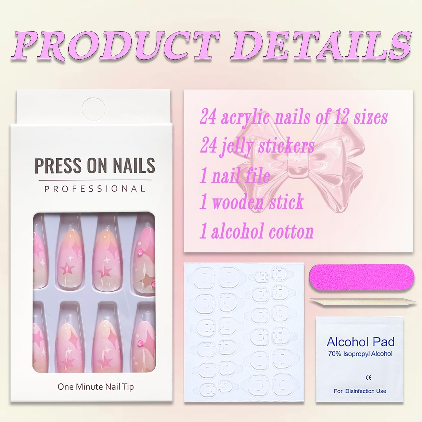 Press on Nails Medium Almond MABKJLF Fake Nails Pink Gradient Full Cover Stars Moon False Nails with Designs Rhinestones Glossy Glue on Nails Manicure Acrylic Artificial Nails for Women Girls 24Pcs