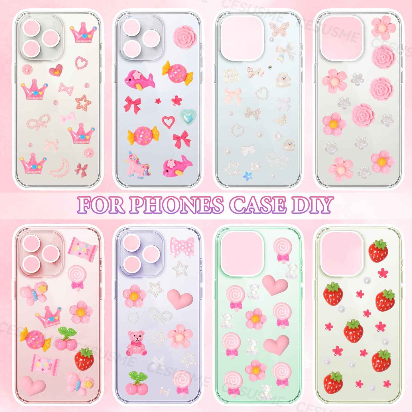 330 Pcs Junk Case Charm Kit, Bear Candy Cartoon Junk Phone Case Charm, Pink White Moon Star Pearls for Junk Cases, Flatback Resin Slime Charms for Nail Art Supplies Craft DIY