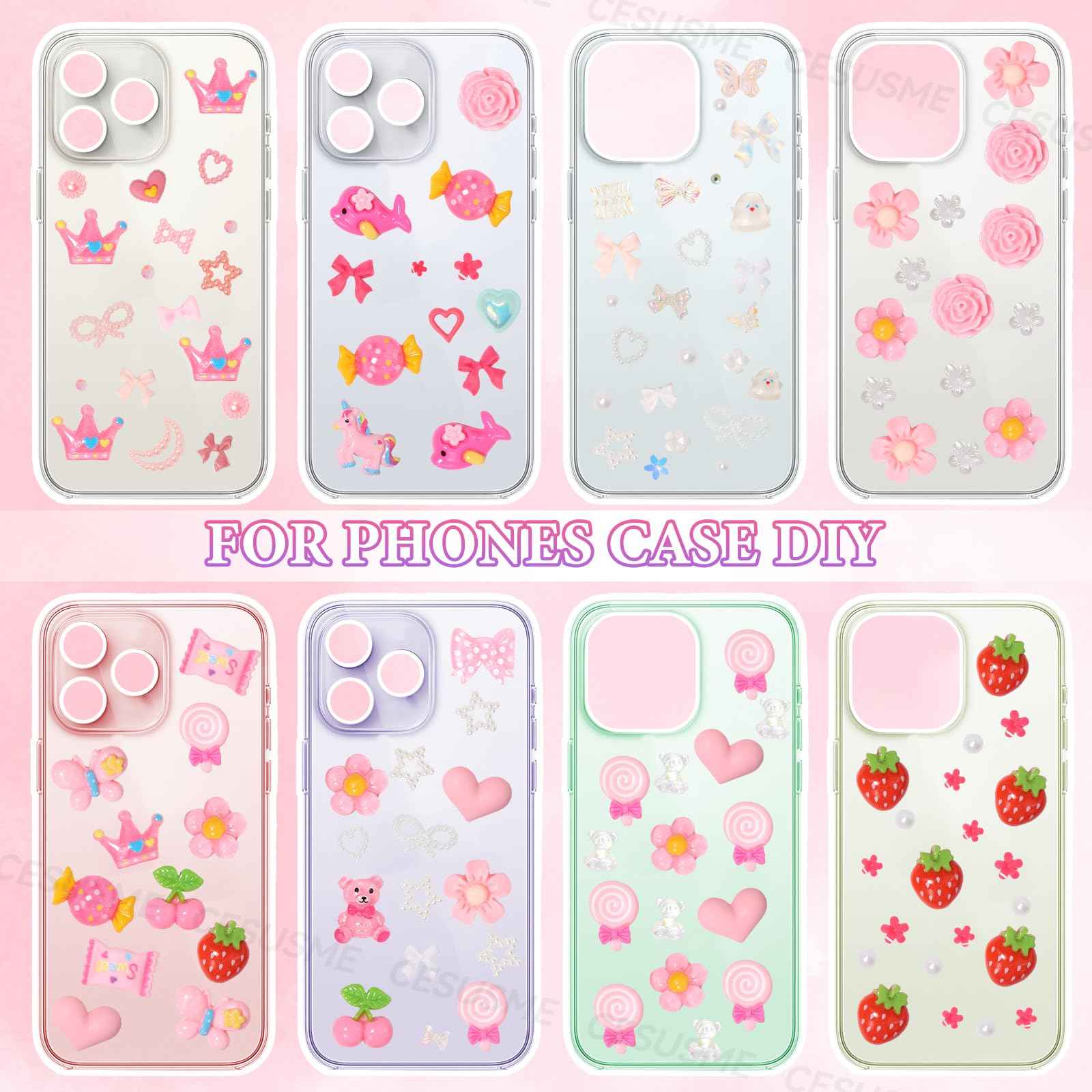 330 Pcs Junk Case Charm Kit, Bear Candy Cartoon Junk Phone Case Charm, Pink White Moon Star Pearls for Junk Cases, Flatback Resin Slime Charms for Nail Art Supplies Craft DIY