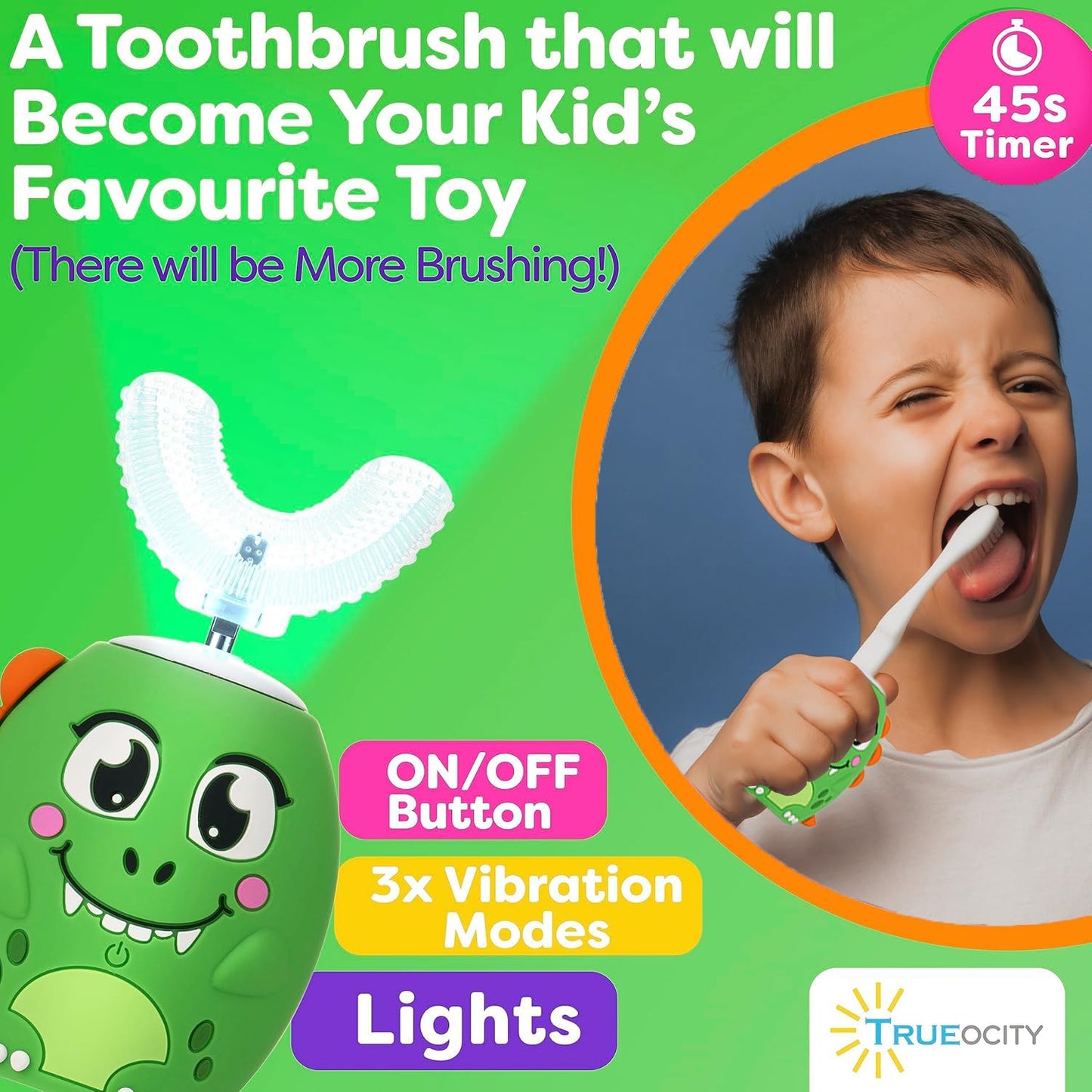 Trueocity Kids Toothbrushes U Shape, Kids Automatic Toothbrush, Toddler Toothbrush U Shaped, U Toothbrush Kids, Auto Toothbrush, Rechargeable Electric Brush Age 2+, Children's Toothbrush (Dinosaur)