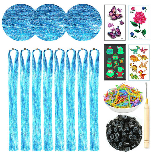 Hair Tinsel Kit with Tools 8pcs 1760 Strands Sky Blue Heat Resistant Tinsel Hair Extensions for Women Kids Girls Sparkling Shiny Glitter Fairy Hair for New Year Christmas Halloween Cosplay Party