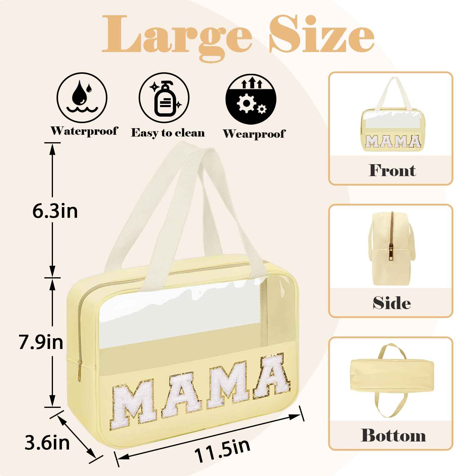 Chenille Letter Patches Clear MAMA Cosmetic Bag, Large PVC & Nylon Preppy Makeup Bag Zipper Makeup Pouch with Handle, Portable Waterproof Travel Toiletry Bag Tote Bag for Women Girls(Beige MAMA)