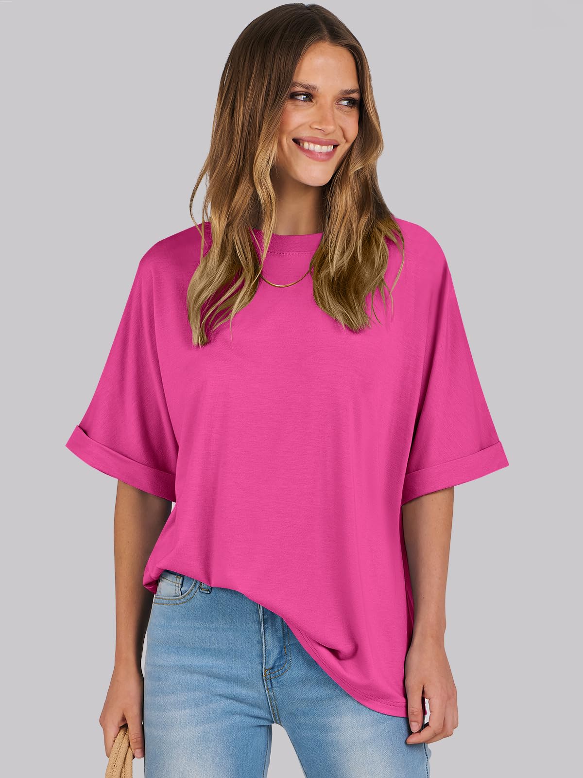 ANRABESS Women's Oversized T Shirts Short Sleeve Crewneck Summer Tops Casual Loose Basic Tee Shirts 2024 Trendy Clothes Hot Pink Small