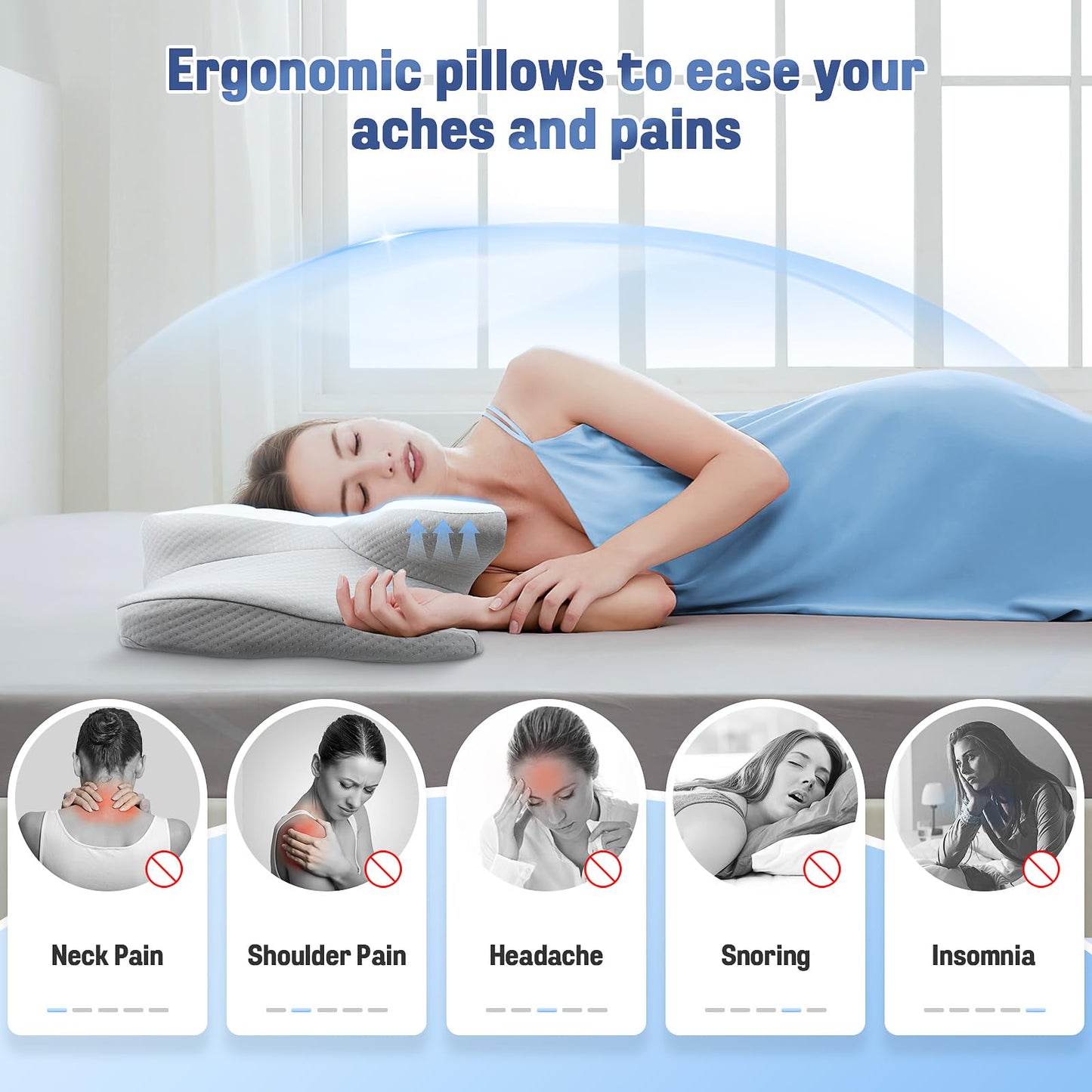 Ergonomic Pillow Side Sleeper-Satisure Cervical Pillow for Neck Pain Relief Memory Foam Pillows, Cooling Pillow for sleeping Orthopedic Bed Pillow for Side Back Stomach Sleepers with Washable Ice Silk