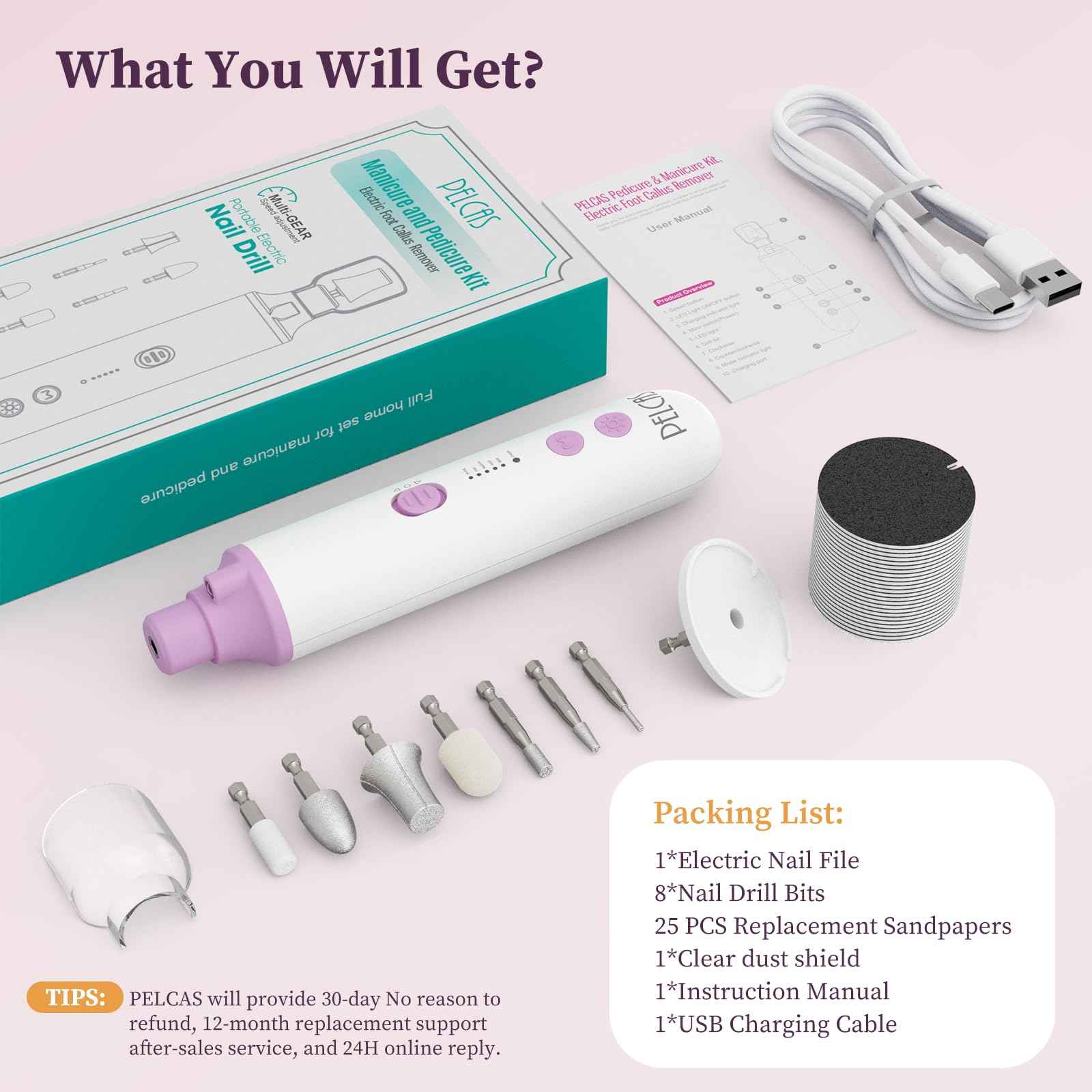 PELCAS Toenail Grinder for Thick Toenails 8 in 1 Manicure & Pedicure Kit, 5 Speeds Cordless Nail Drill with LED Light Electric Foot Callus Remover for Foot Callus, Thick Nails, Finger Nails Pink