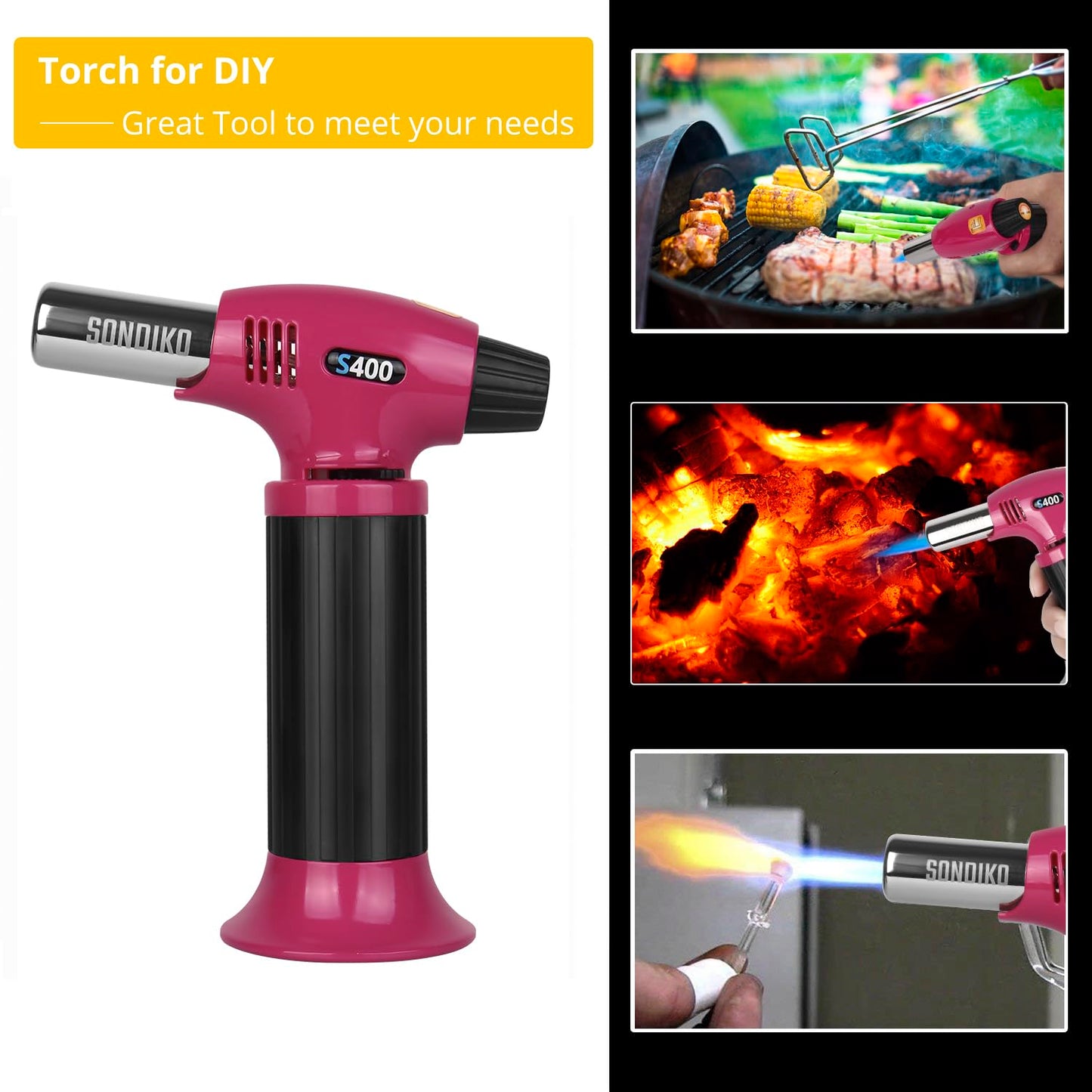 Sondiko S400 Butane Torch, Pink & Black, Refillable Kitchen Lighter with Safety Lock, Adjustable Flame for Creme Brulee and Baking—Butane Gas Is Not Included