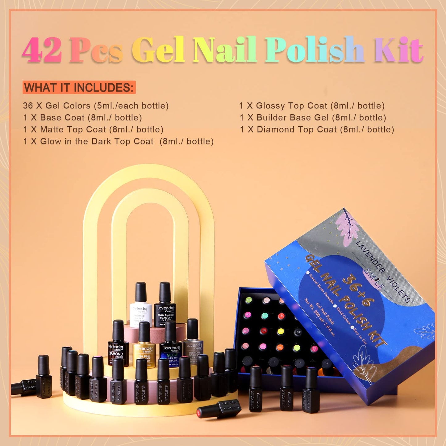 Lavender Violets 42 Pcs Gel Nail Polish Set with 36 Gel polish Colors Coat, 6 Bottles of Base top Coat, Glossy Matte Diamond Shine Glow in the Dark Top Coat for Nail Art C950