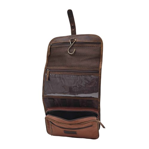 Autentico Leather Genuine Buffalo Leather Hanging Toiletry Bag with Waterproof Lining for Men & Women Handcrafted Vintage Distressed Brownn Leather Dopp Kit, Travelling Kit (Dark Brown)